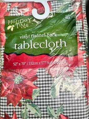 Holiday Time Red Poinsettia Houndstooth Vinyl-Flannel Tablecloth